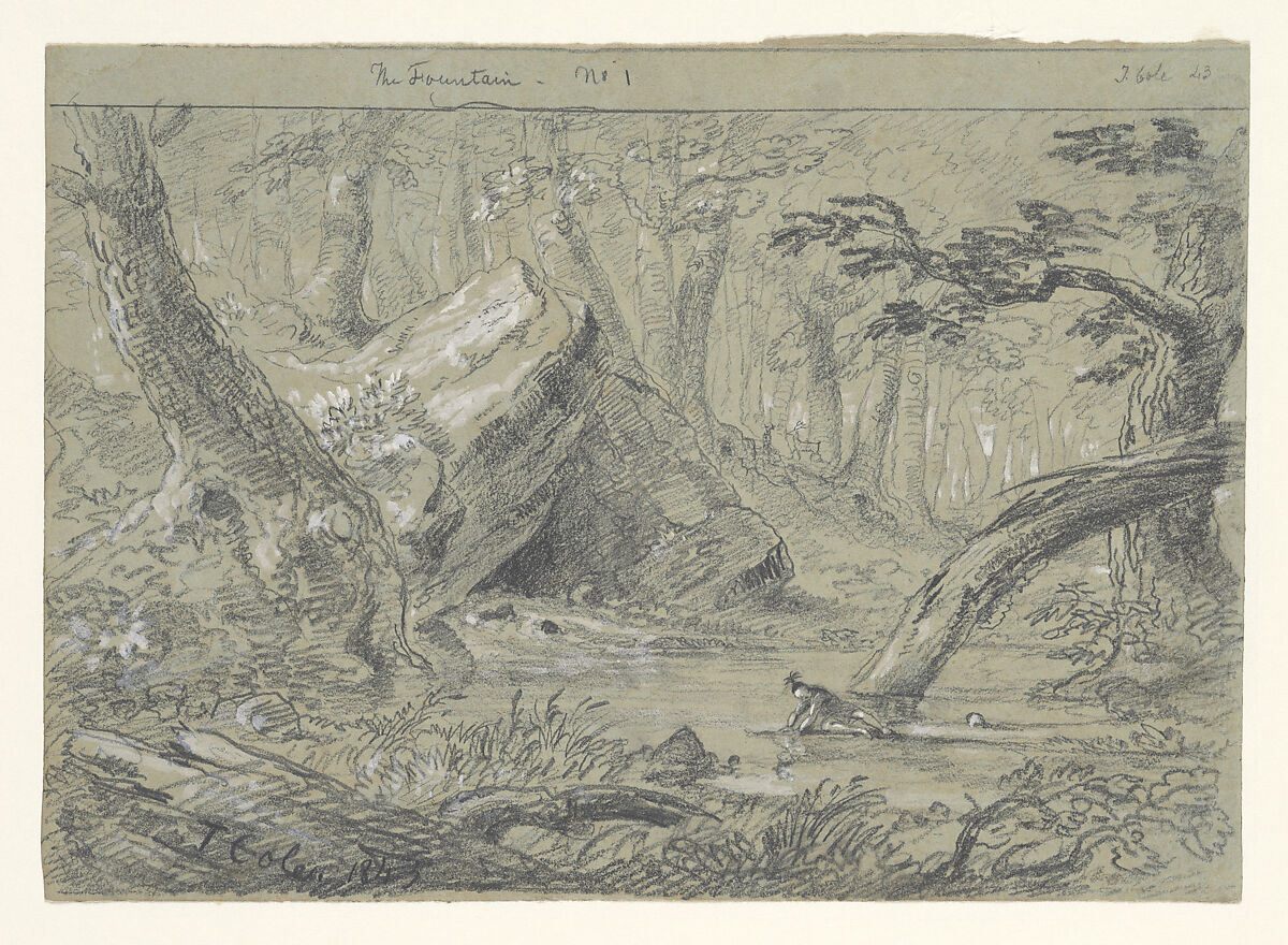 The Fountain, No. 1: The Wounded Indian Slaking His Death Thirst, Thomas Cole  American, Graphite and white gouache on green wove paper, American
