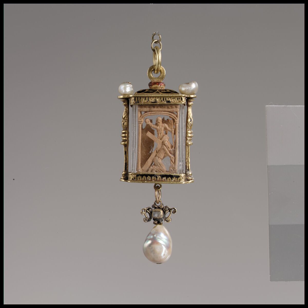 Pendant, Crystal, enamel, gold, pearls, boxwood, Mexican