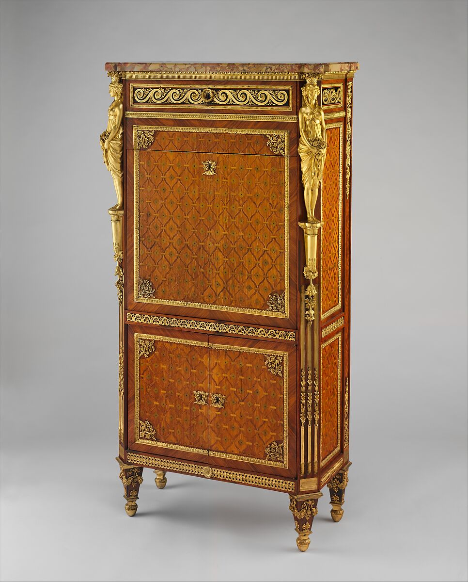 Drop-front secretary (secrétaire à abattant or secrétaire en armoire), Guillaume Benneman, Oak veneered with tulipwood, kingwood, holly partly stained green, ebony, and mahogany; brèche d'Alep marble (not original); modern leather; gilt-bronze mounts, French, Paris
