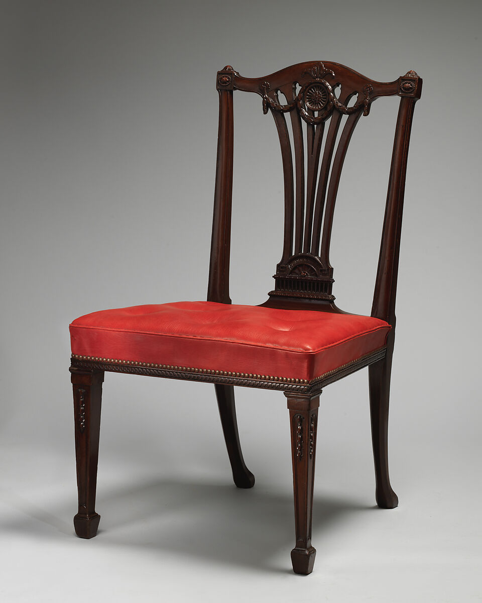 Set of fourteen side chairs, Robert Adam  British, Scottish, Mahogany, covered in modern red morocco leather, British