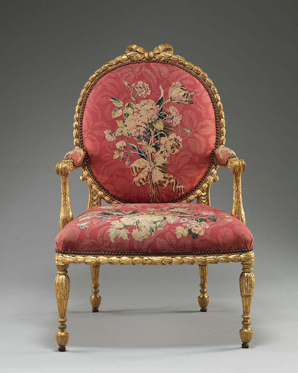 Armchair (one of a set of six), John Mayhew  British, Gilded fruitwood; wool and silk (22-24 warps per inch, 9-10 per centimeter), British and French