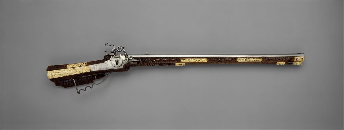 Wheellock Rifle, Johann Michael Maucher  German, Steel, wood (cherry), ivory, mother-of-pearl, German, Schwäbisch Gmünd