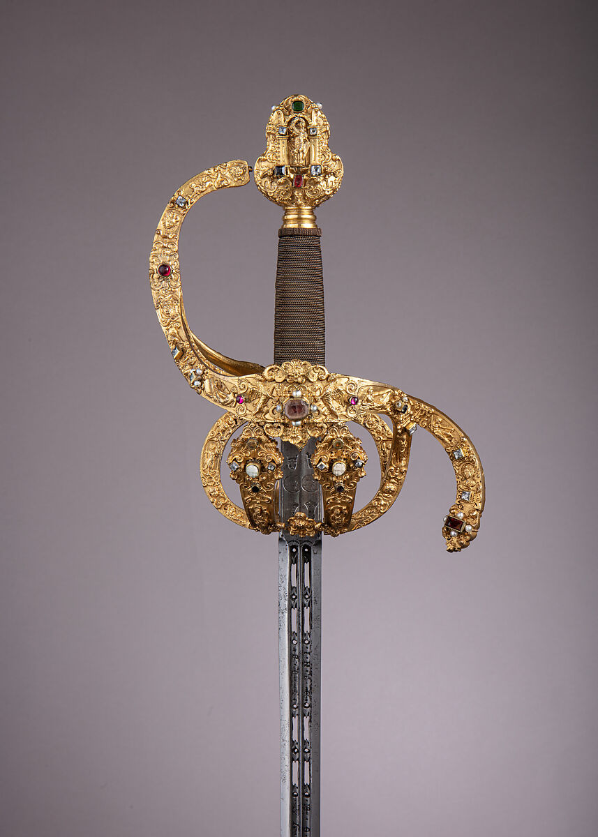 Rapier of Prince-Elector Christian II of Saxony (1583–1611), Israel Schuech  German, Steel, bronze, gold, enamel, paste jewels, cameos, pearls, wood, hilt, German, Dresden; blade, Spanish, Toledo