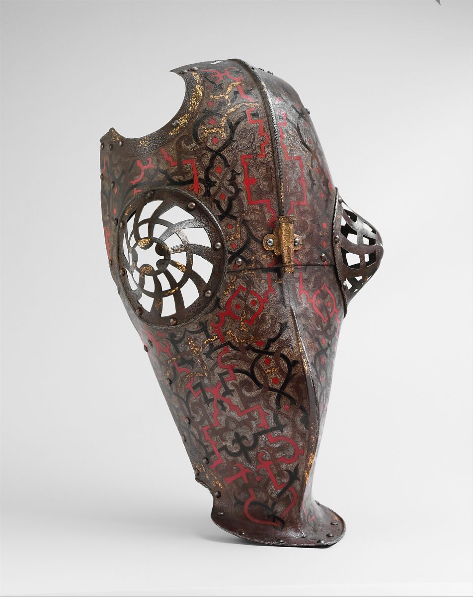 Shaffron (Horse's Head Defense) Belonging to an Armor for Field and Tournament Made for Duke Nikolaus "The Black" Radziwill (1515–1565), Duke of Nesvizh and Olyka, Prince of the Empire, Grand Chancellor and Marshal of Lithuania, Kunz Lochner  German, Steel, brass, gold, paint, German, Nuremberg
