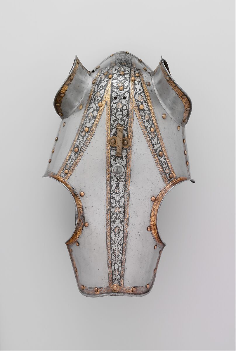 Half-Shaffron (Horse's Head Defense), Steel, gold, brass, leather, linen (woven textile and fiber), Italian, probably Milan