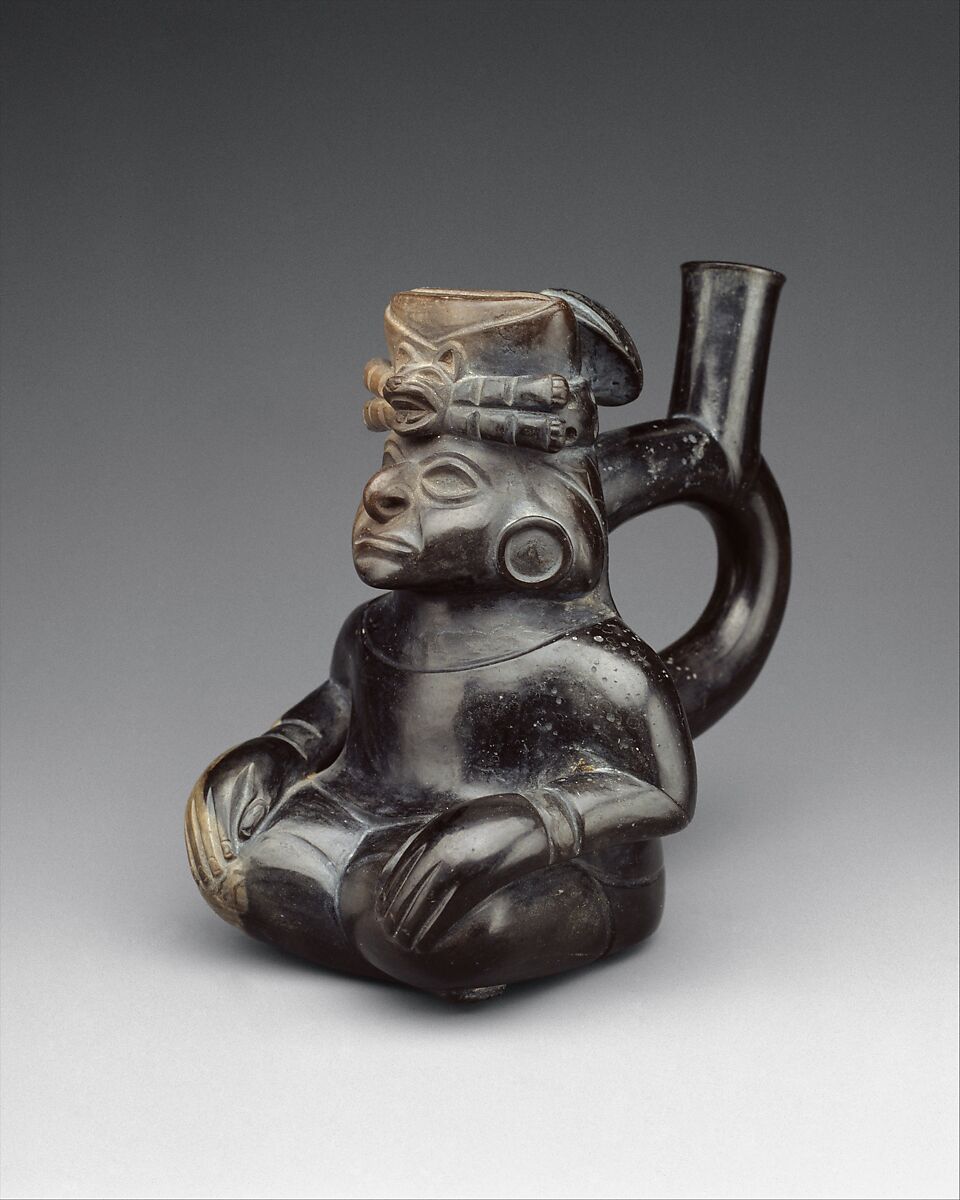 Stirrup-spout bottle with seated figure, Moche artist(s), Ceramic, Moche
