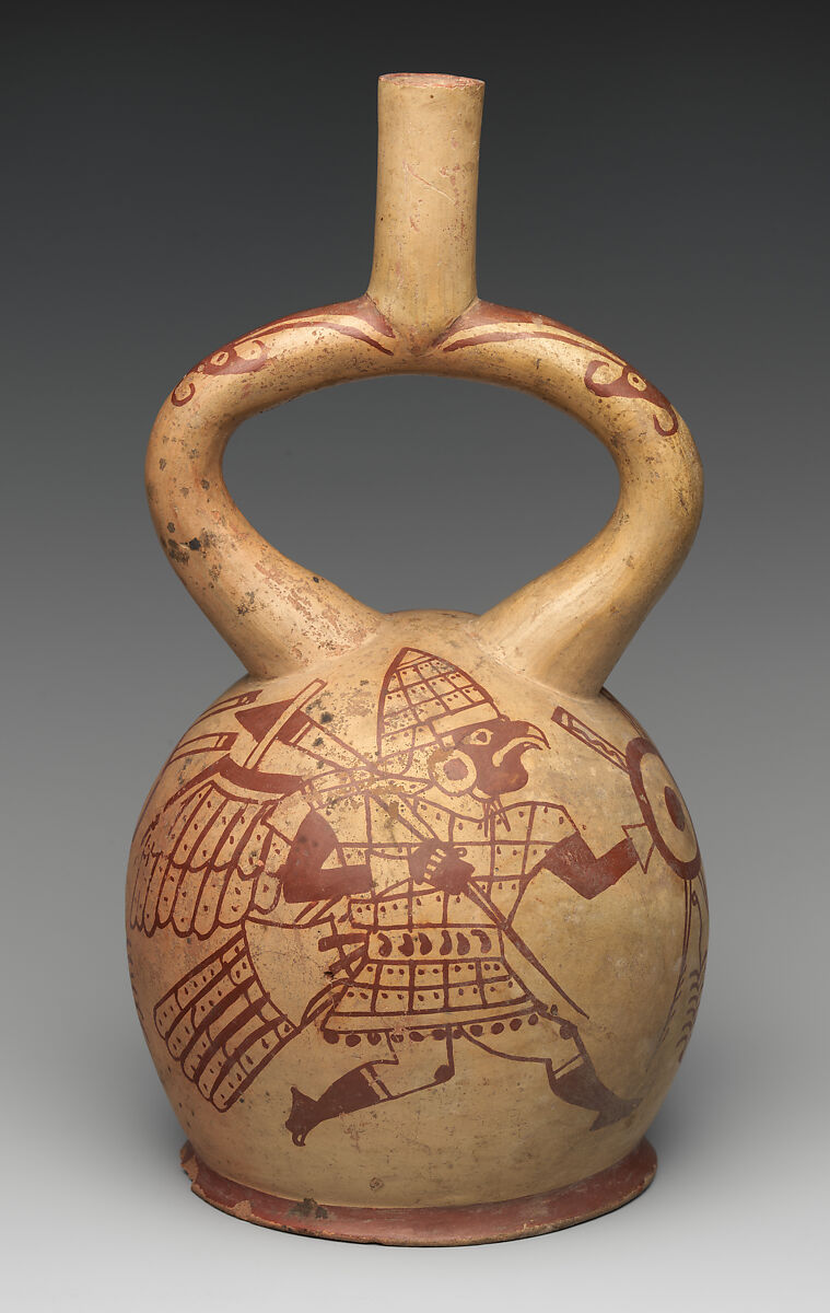 Bird Warrior Bottle, Ceramic, slip, Moche