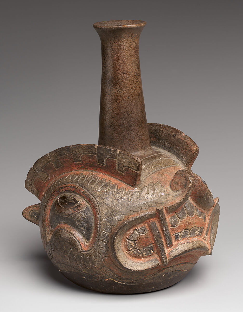 Bottle with leaf-nosed bat head, Cupisnique artist(s), Ceramic, post-fire paint (cinnabar), Cupisnique