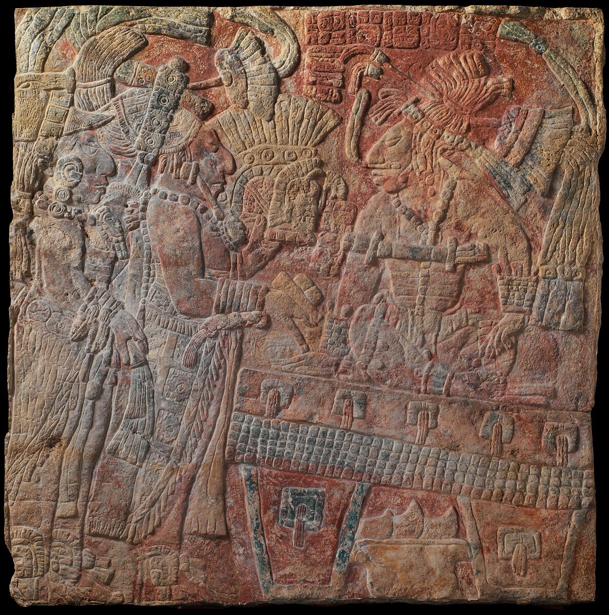 Relief with enthroned ruler, Chakalte'  Guatemalan or Mexican, Limestone, paint, Maya