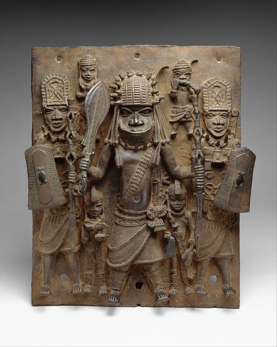 Plaque with Warrior and Attendants, Ìgùn Ẹ́rọ̀nwwọ̀n (brass-casting guild) artists, Brass, Edo