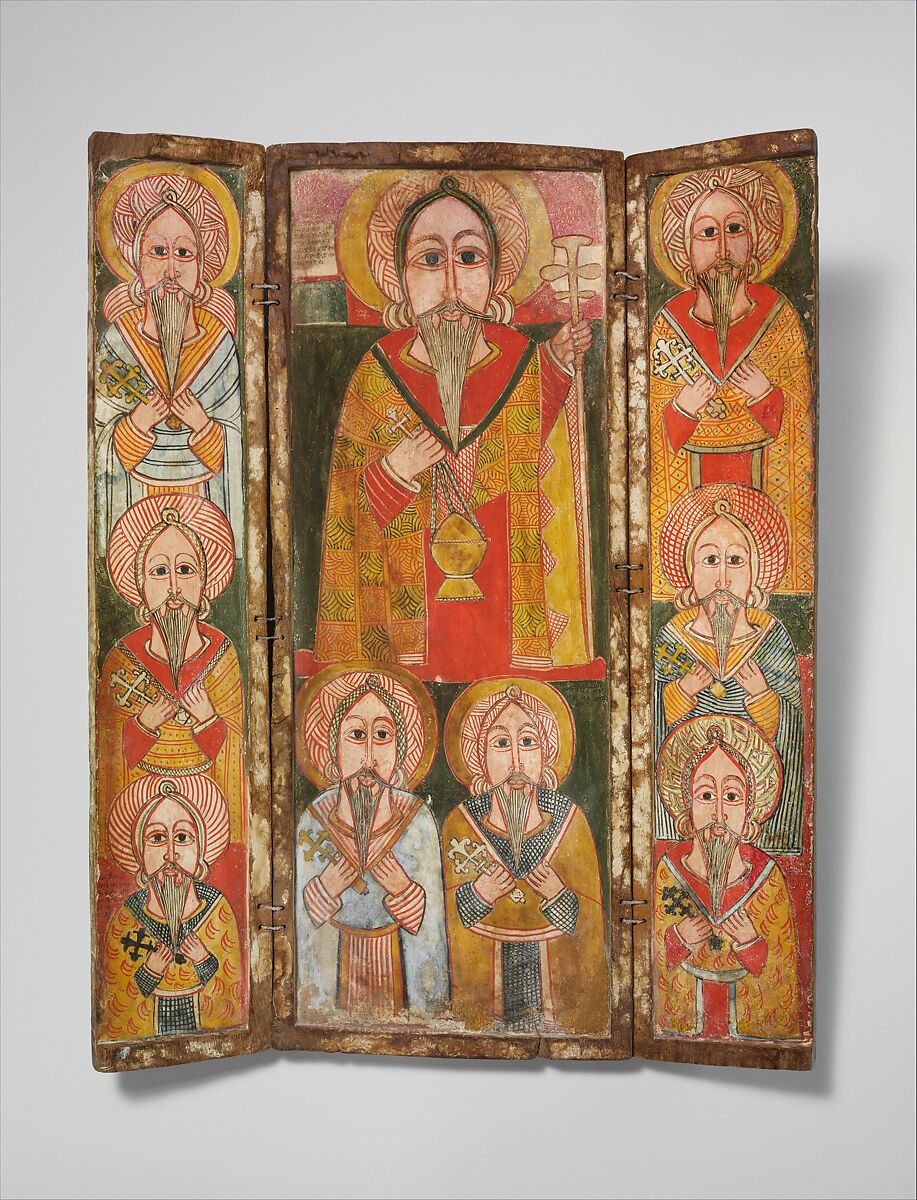Icon triptych of Ewosṭatewos and eight of his disciples, Northern Highlands artist, Wood, tempera, cord, Amhara