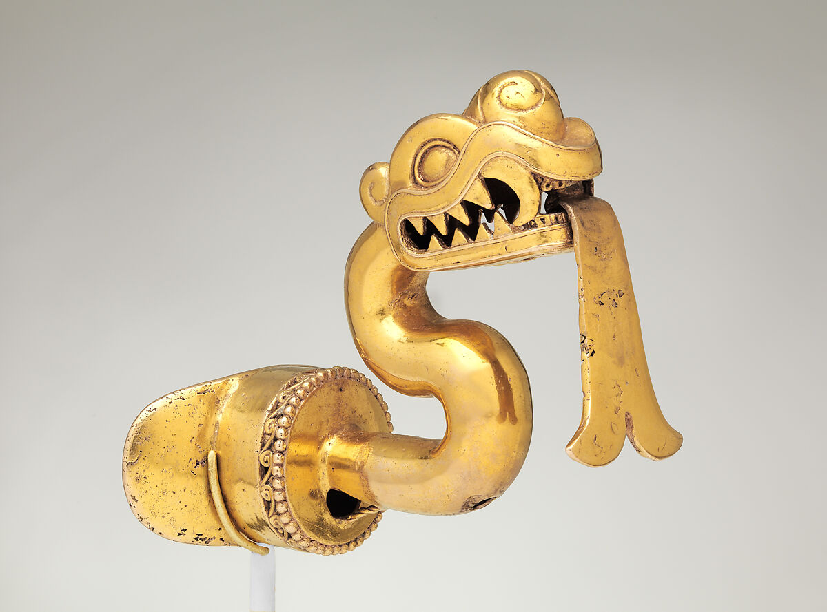 Serpent labret with articulated tongue, Mexica artist(s), Gold, Mexica