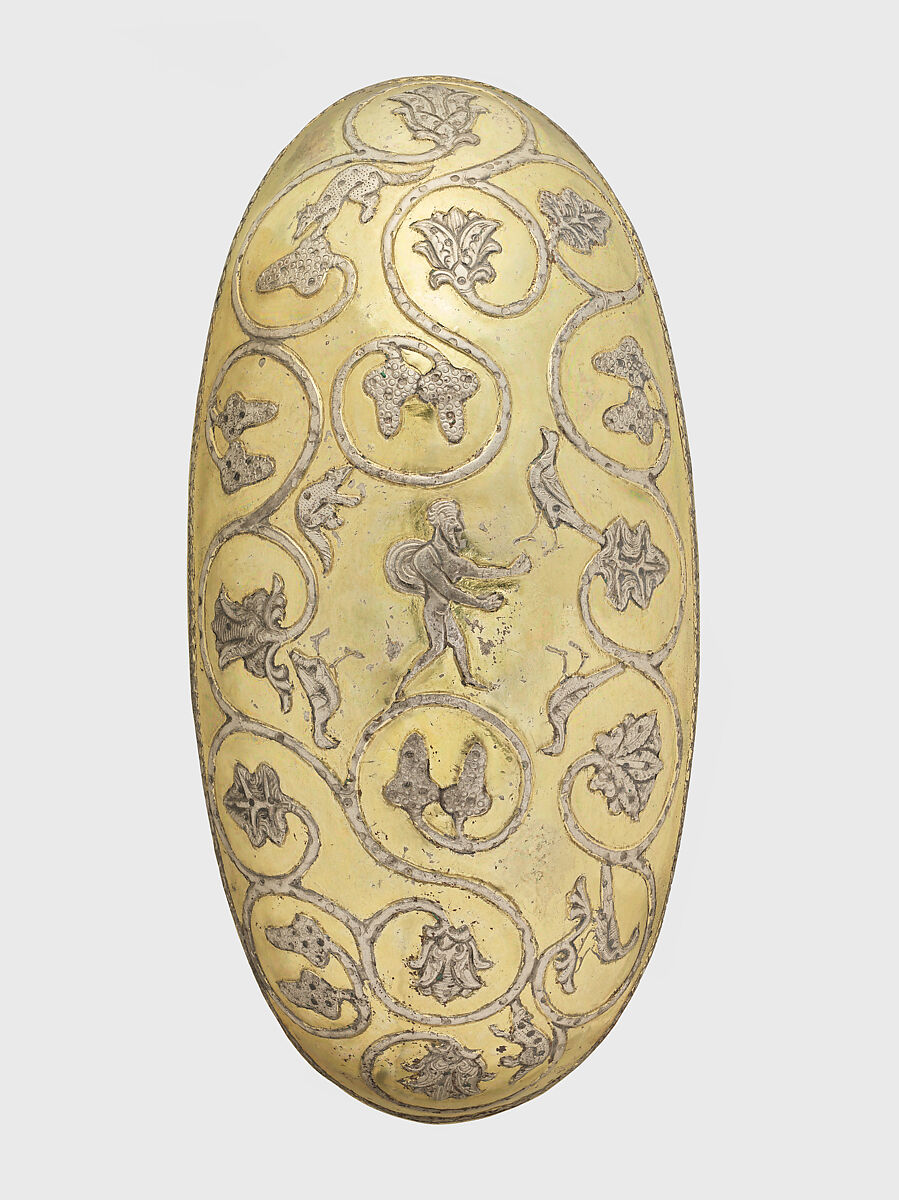 Oval bowl with grapevine scrolls inhabited by birds and animals, Silver, mercury gilding, Sasanian