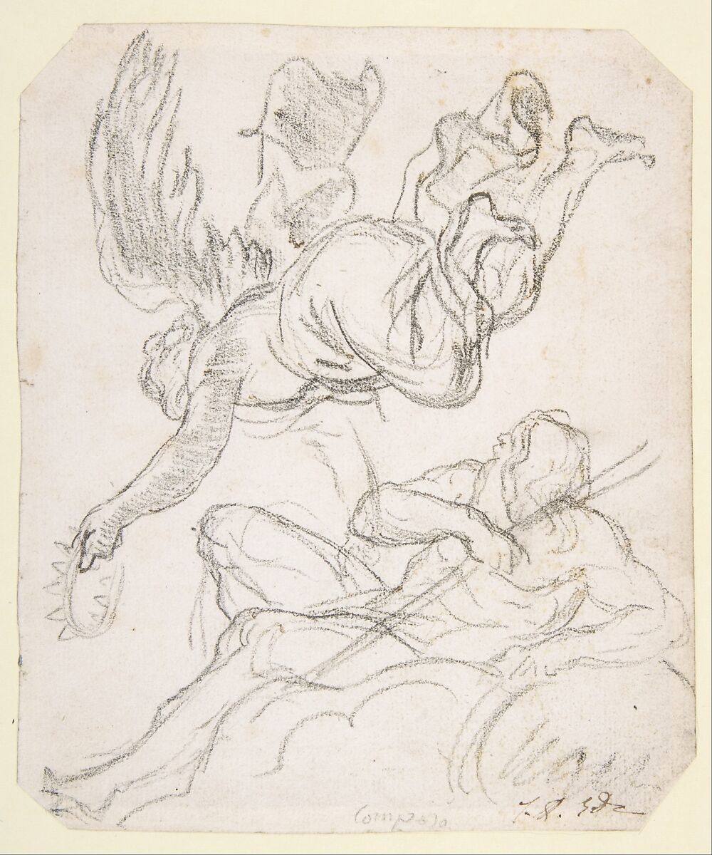 Flying Figure Holding a Crown, Reclining River God, Jacques Louis David  French, Black chalk