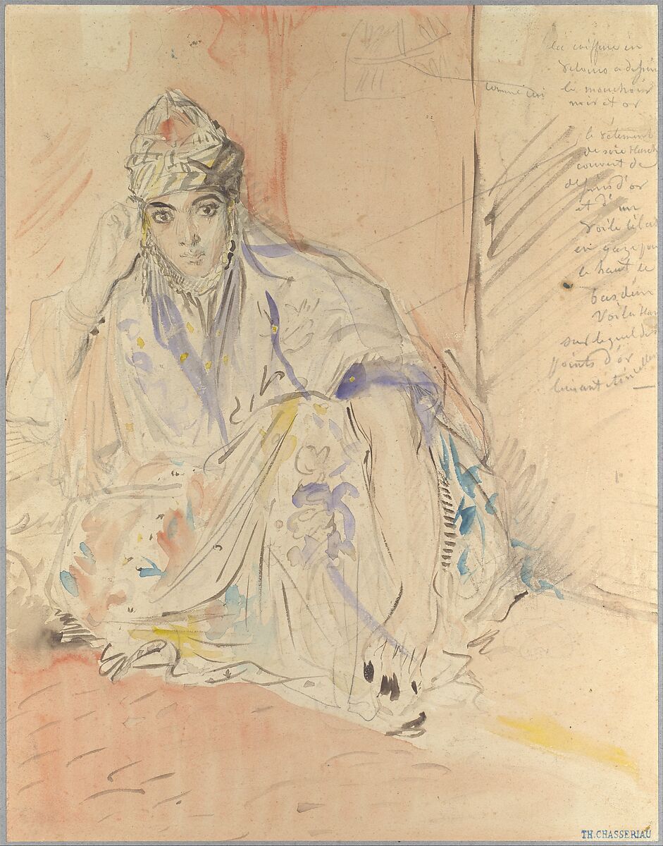 Jewish Woman of Algiers Seated on the Ground, Théodore Chassériau  French, Watercolor over graphite on wove paper (trimmed and laid down on blue wove paper)