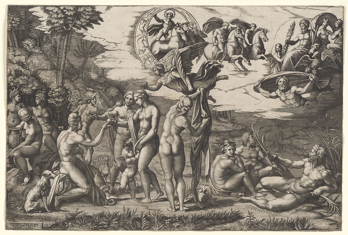 The Judgment of Paris; he is sitting at left with Venus, Juno and Pallas Athena, a winged victory above; in the upper section the Sun in his chariot preceeded by Castor and Pollux on horseback; at lower right two river gods and a naiad above whom Jupiter, an eagle, Ganymede, Diana and another Goddess, Marcantonio Raimondi  Italian, Engraving