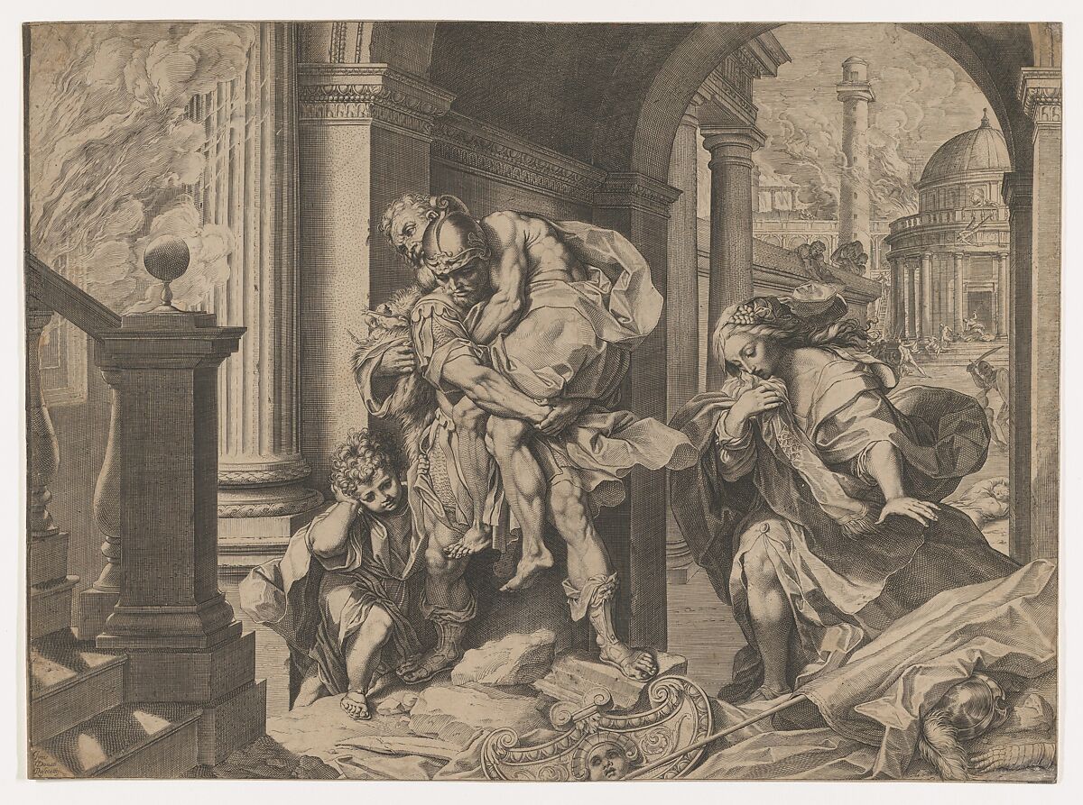 Aeneas and his family fleeing Troy, Agostino Carracci  Italian, Engraving