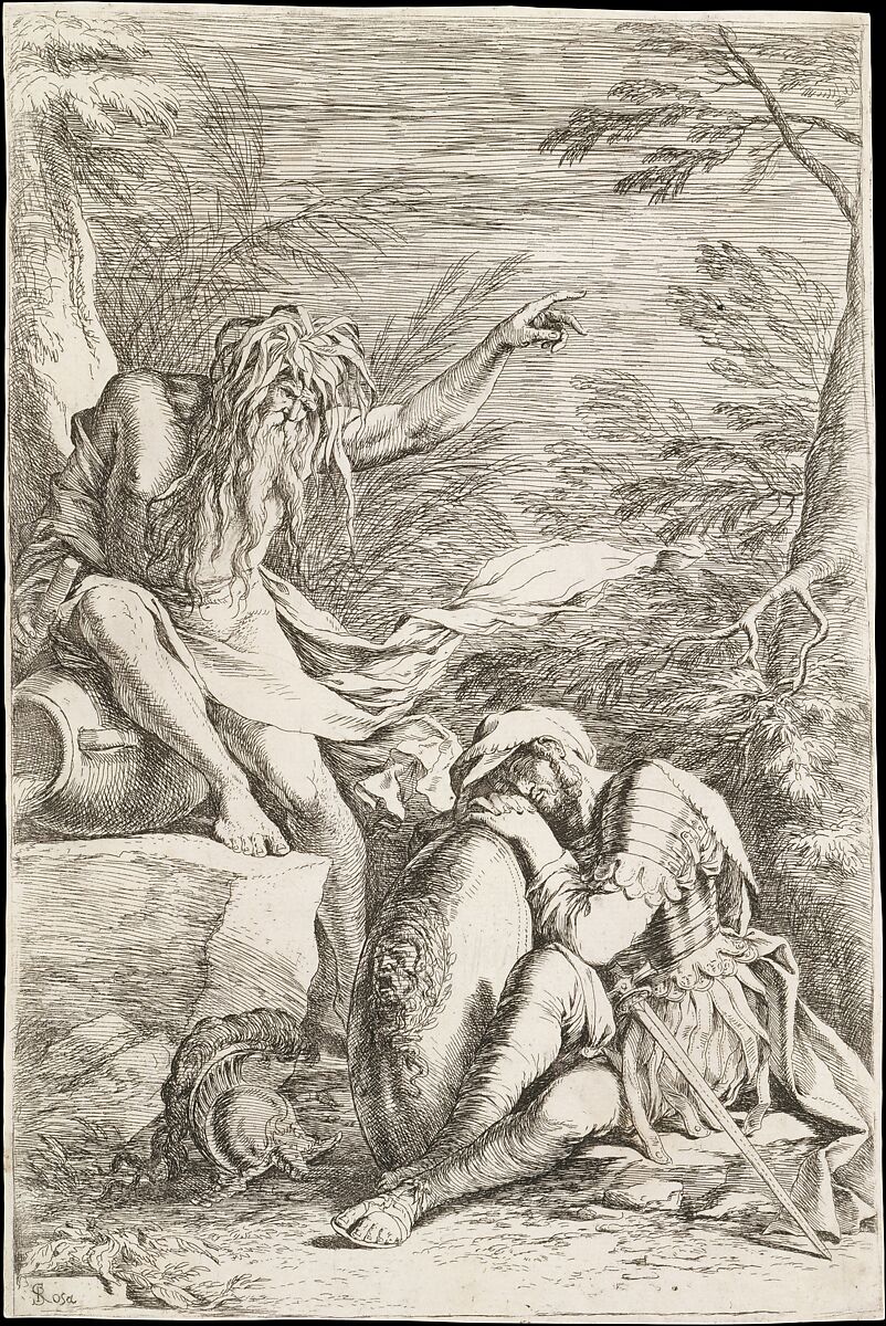 Dream of Aeneas: Aeneas rests his head on his hands atop his shield, while the river god Tiber leans on a vessel and points upward with his left hand, Salvator Rosa  Italian, Etching and drypoint