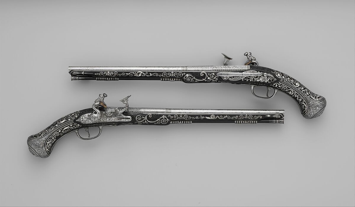 Pair of Snaphaunce Pistols, Matteo Cecchi, called Acquafresca  Italian, Steel, silver, wood (ebony), Italian, Bargi