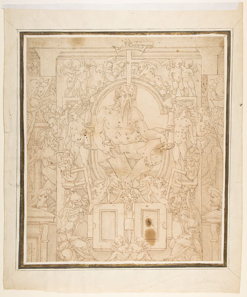 Design for a Wall Decoration with a River God and Putti carrying the Symbols of King François I, Anonymous, French, School of Fontainebleau, 16th century  French, Pen and brown ink, brush and brown wash over red chalk underdrawing