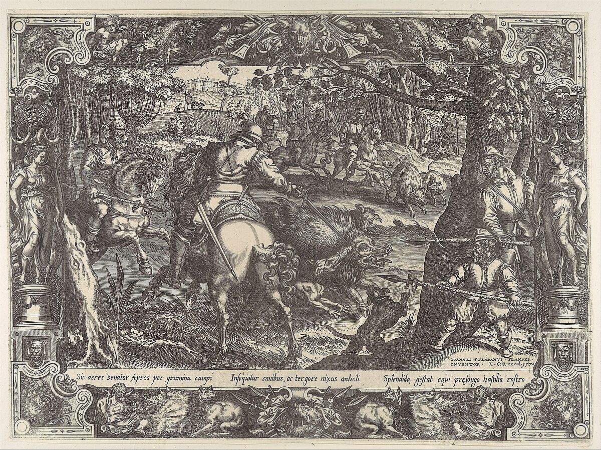 Wild Boar Hunt with Spears, from "Hunting Scenes in Ornamental Frames", Jan van der Straet, called Stradanus  Netherlandish, Engraving