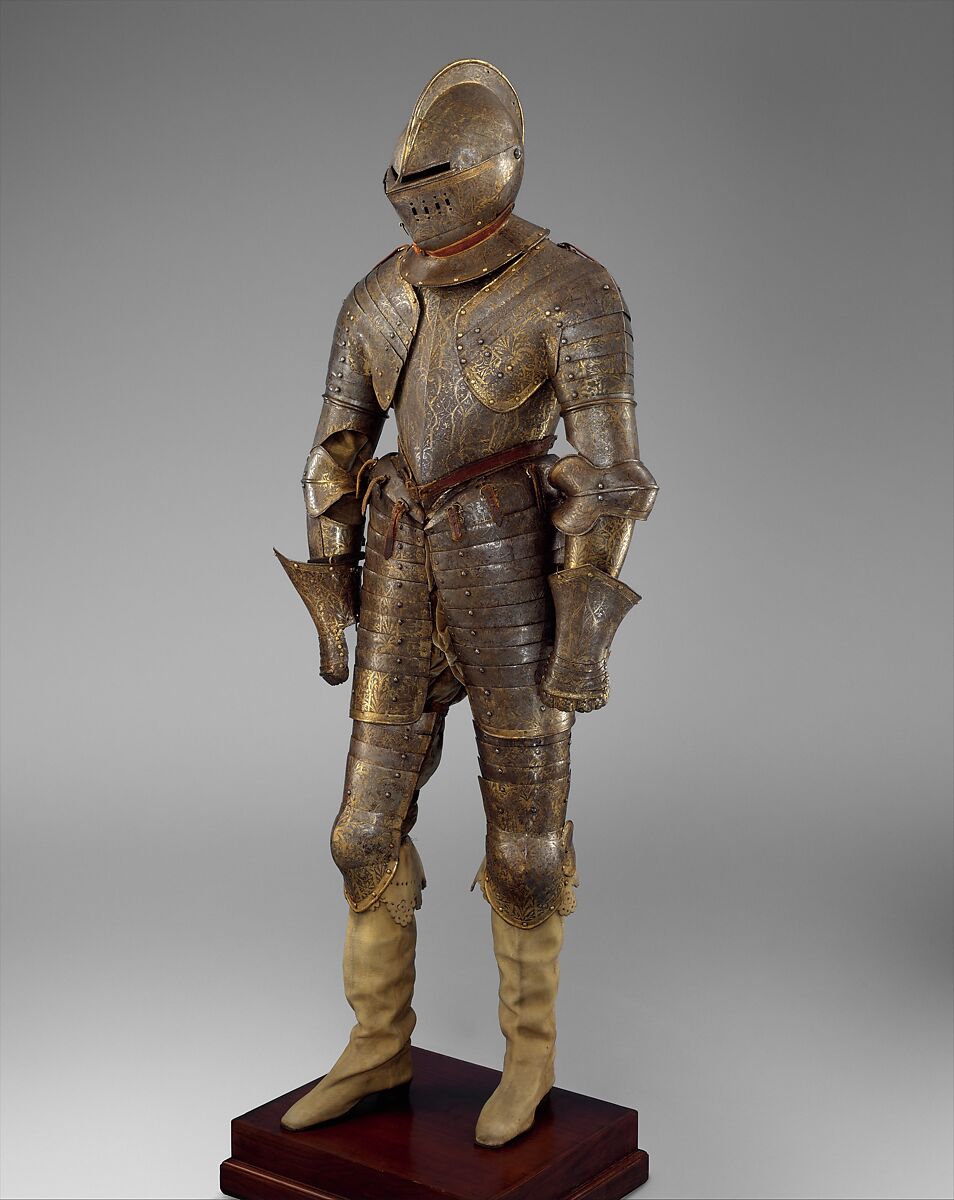 Armor for Heavy Cavalry with Matching Shaffron (Horse's Head Defense), Steel, gold, leather, textile, French