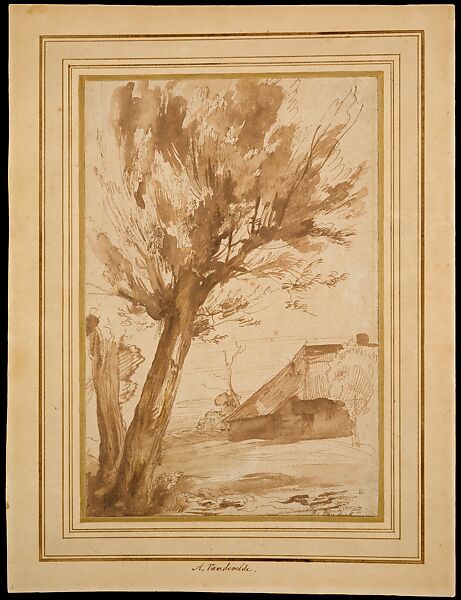 Landscape with a Tree and a Farm Building, Anthony van Dyck  Flemish, Pen and brown ink, brush and brown wash