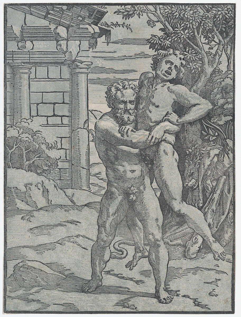 Hercules and Antaeus, Ugo da Carpi  Italian, Chiaroscuro woodcut printed from two blocks in green-blue