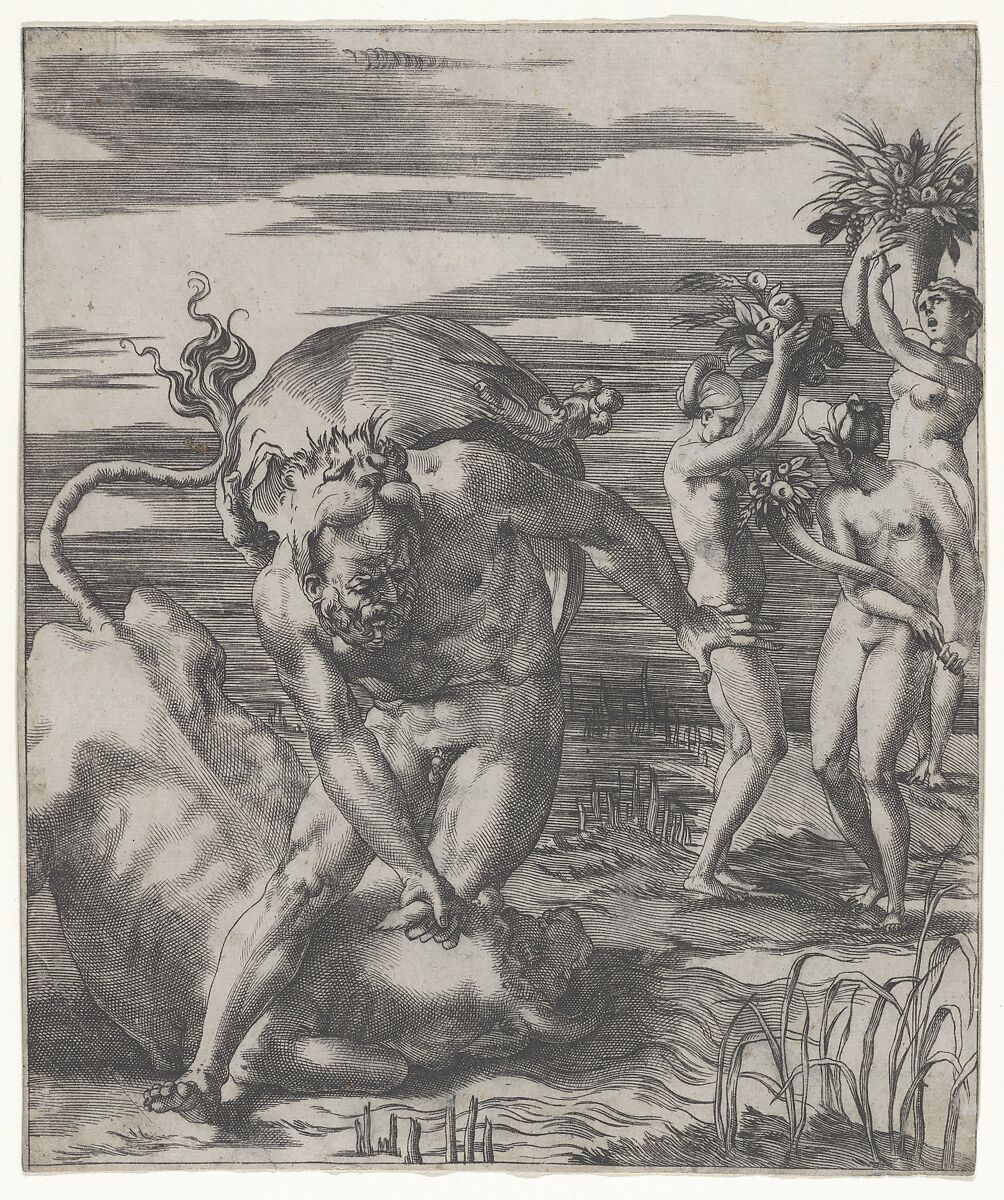 Hercules defeating the river god Acheolus in the form of a bull, with three women to his left holding cornucopias, from "Herculean Subjects", Giovanni Jacopo Caraglio  Italian, Engraving