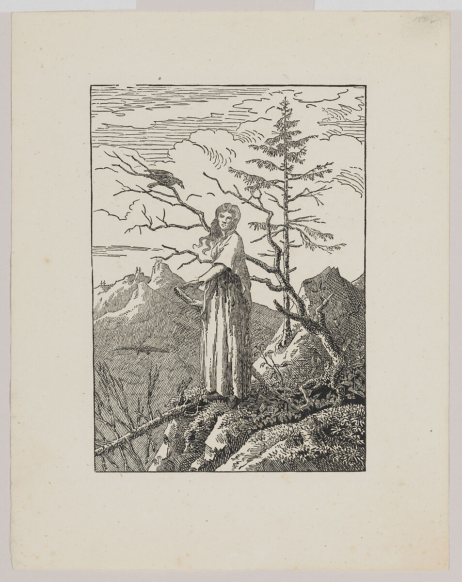 Woman with a Raven at a Precipice, Christian Friedrich  German, Woodcut on wove paper