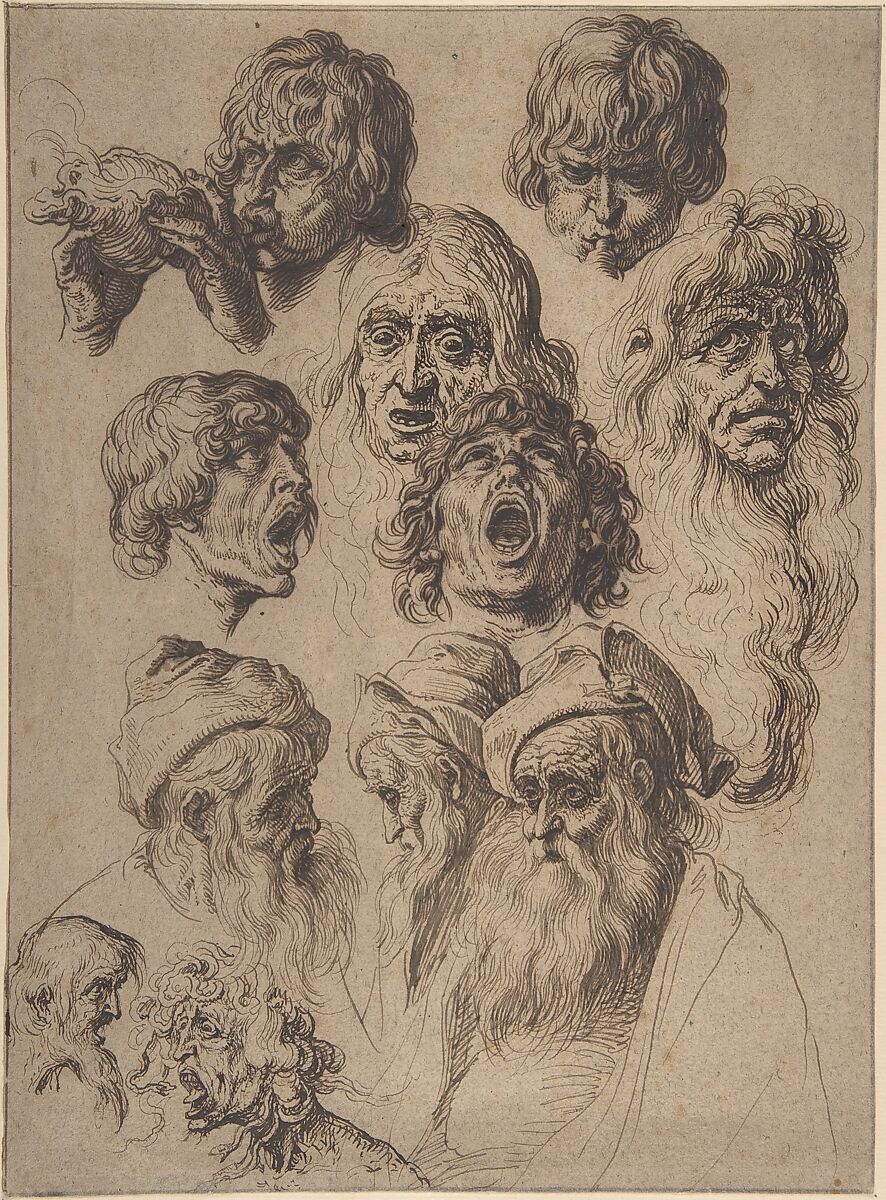Study of Eleven Heads, Jacques de Gheyn II  Netherlandish, Pen and three shades of brown ink with black chalk on laid paper; framing lines in brown ink and graphite