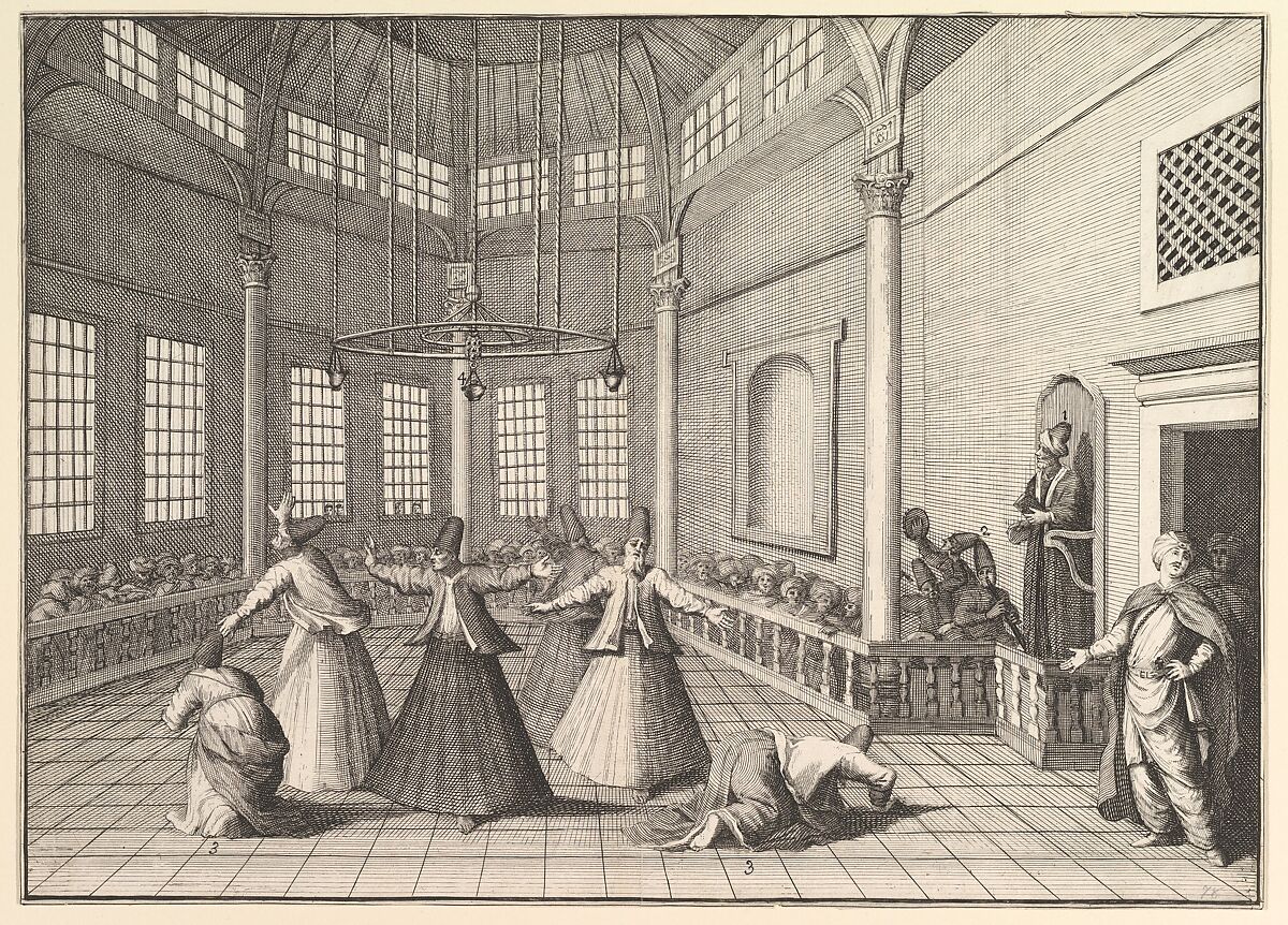 The Inside of a Mosque, the Dervishes Dancing  (Aubry de La Mottraye's "Travels throughout Europe, Asia and into Part of Africa...,"  London, 1724, vol. I, pl. 16), William Hogarth  British, Etching and engraving