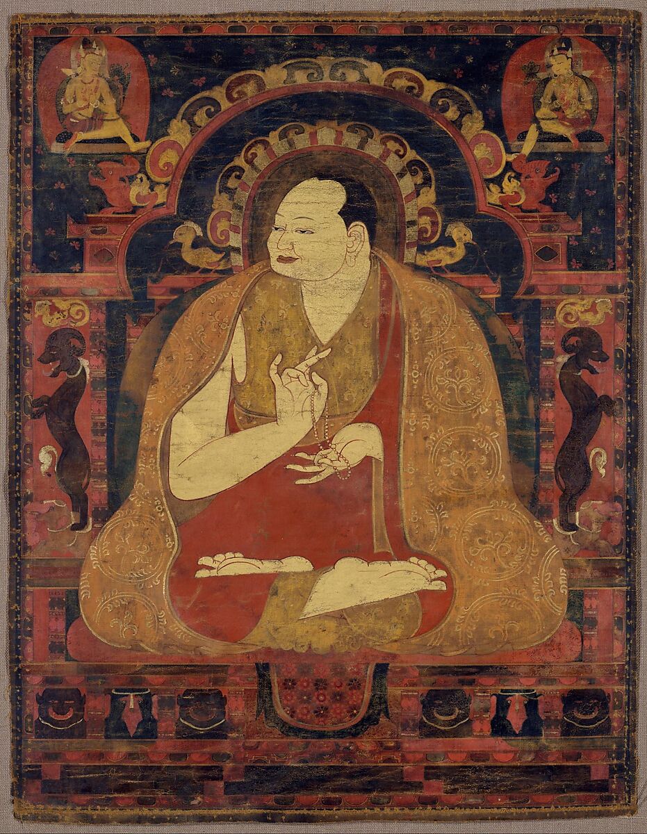 Portrait of a monk, possibly Chen Nga Tshultrim Bar, extending a blessing, Distemper on cloth, Tibet