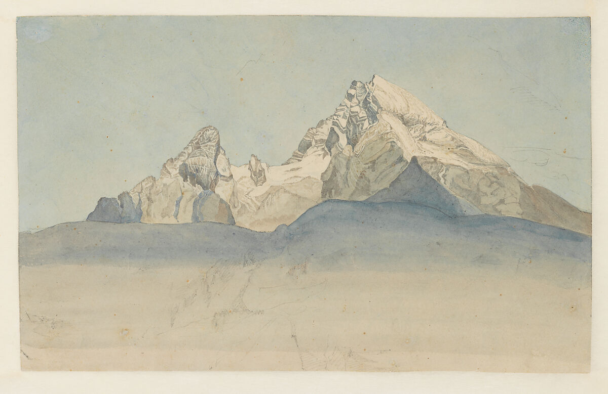 The Watzmann (recto); Sketch of Sankt Bartholomä on the Königssee (verso), August Heinrich  German, Watercolor over charcoal on wove paper; verso, pencil on wover paper; partial framing line on the upper, left, and right edges of the recto (possibly by the artist)