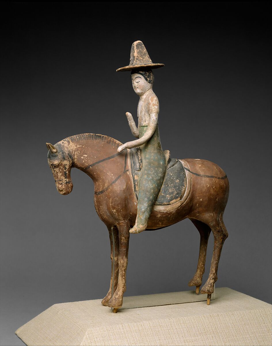 Horse and female rider, Unfired clay with pigment, China