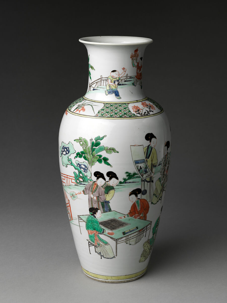 Vase with Women Enjoying Scholarly Pursuits

, Porcelain painted with colored enamels over transparent glaze, and gilded (Jingdezhen ware), China