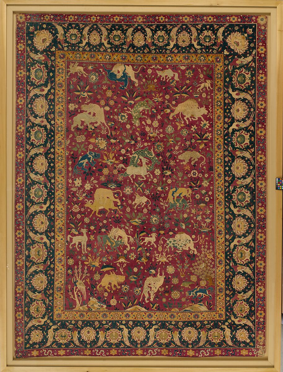 Silk Animal Carpet, Silk (warp, weft, and pile); asymmetrically knotted pile
