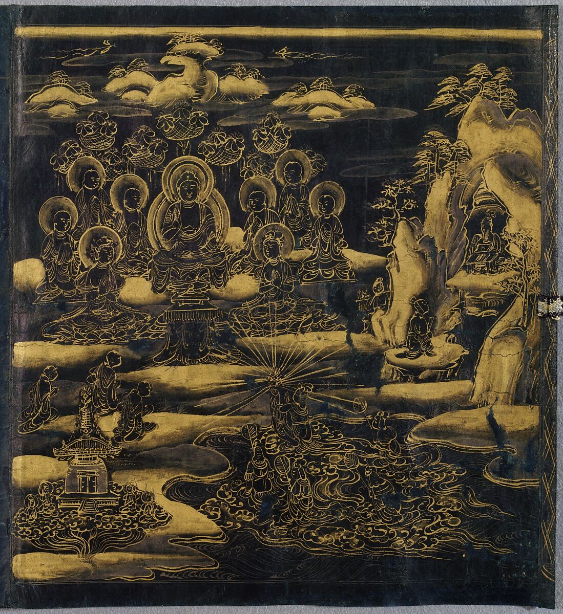 “Devadatta,” Chapter 12 of the Lotus Sutra (Hoke-kyō, Daibadatta-bon)
, Handscroll; gold and silver on indigo-dyed paper, Japan