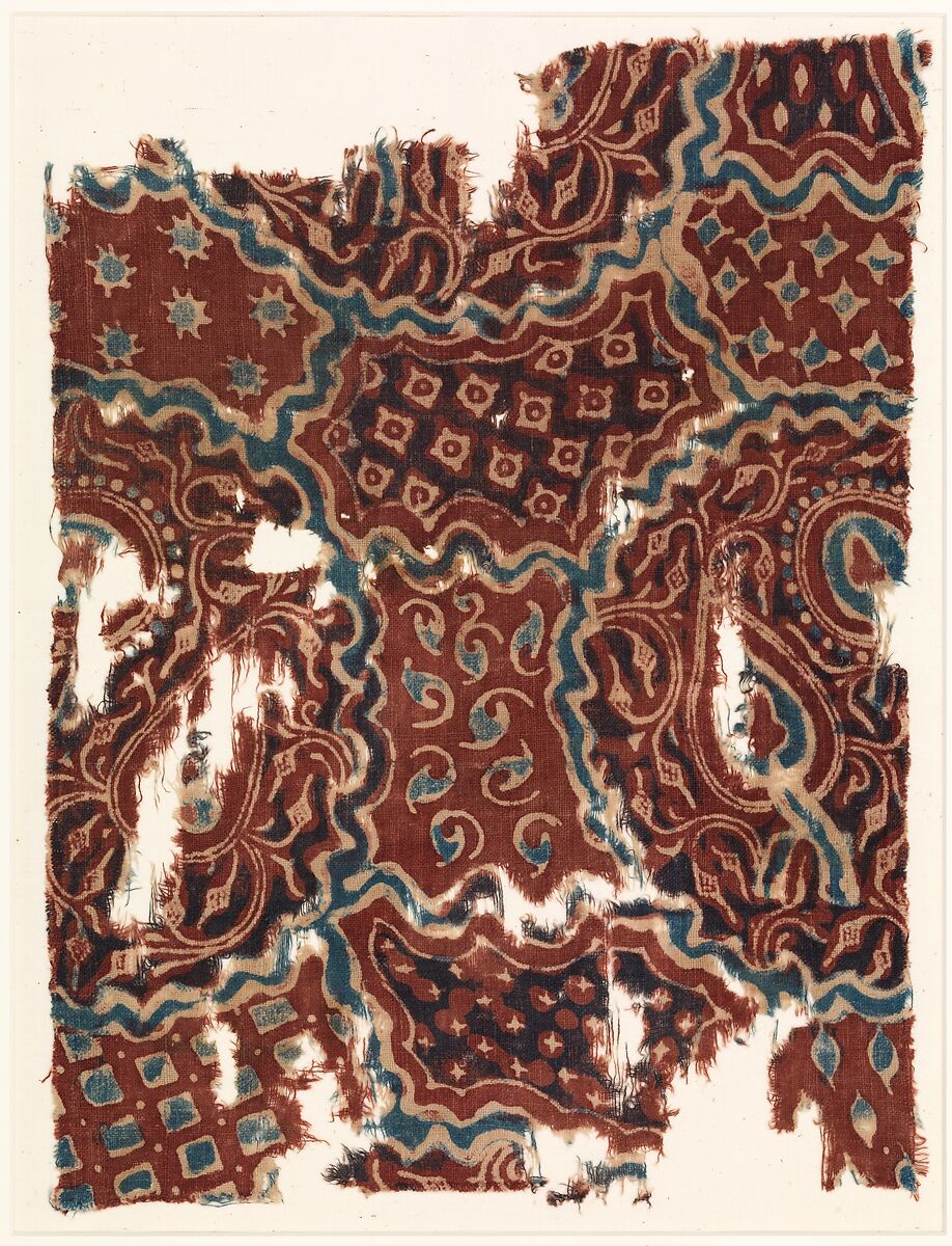 Fragment of Textile with a Forested Landscape, Cotton, plain weave; printed or painted, mordant and resist dyed