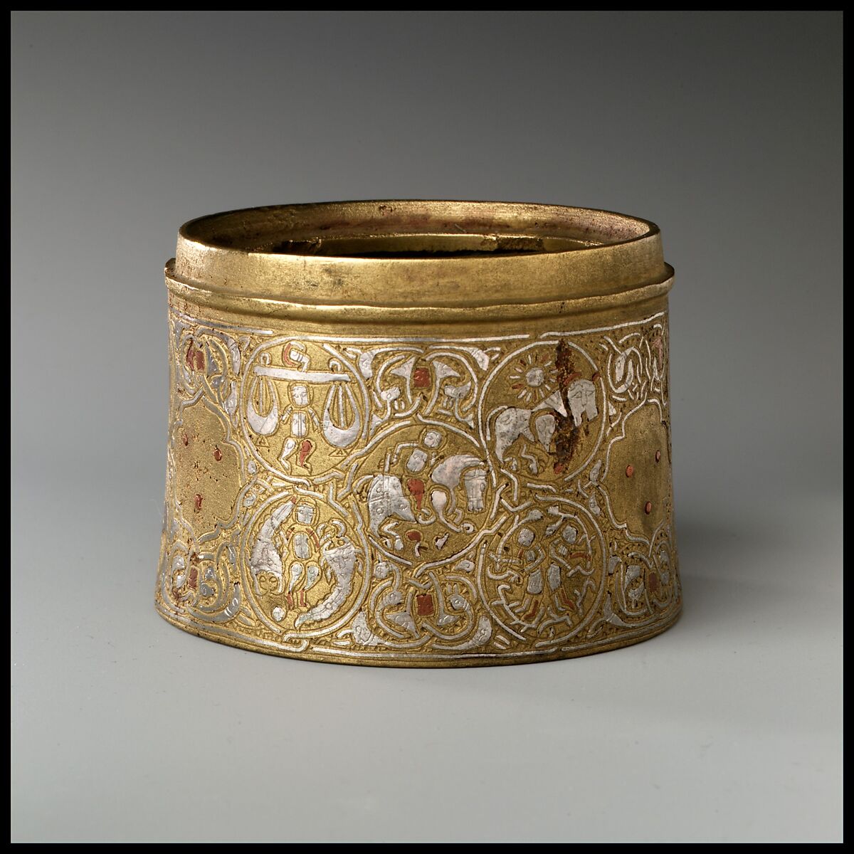 Inkwell with Twelve Zodiac Medallions, Brass; cast, inlaid with silver and copper