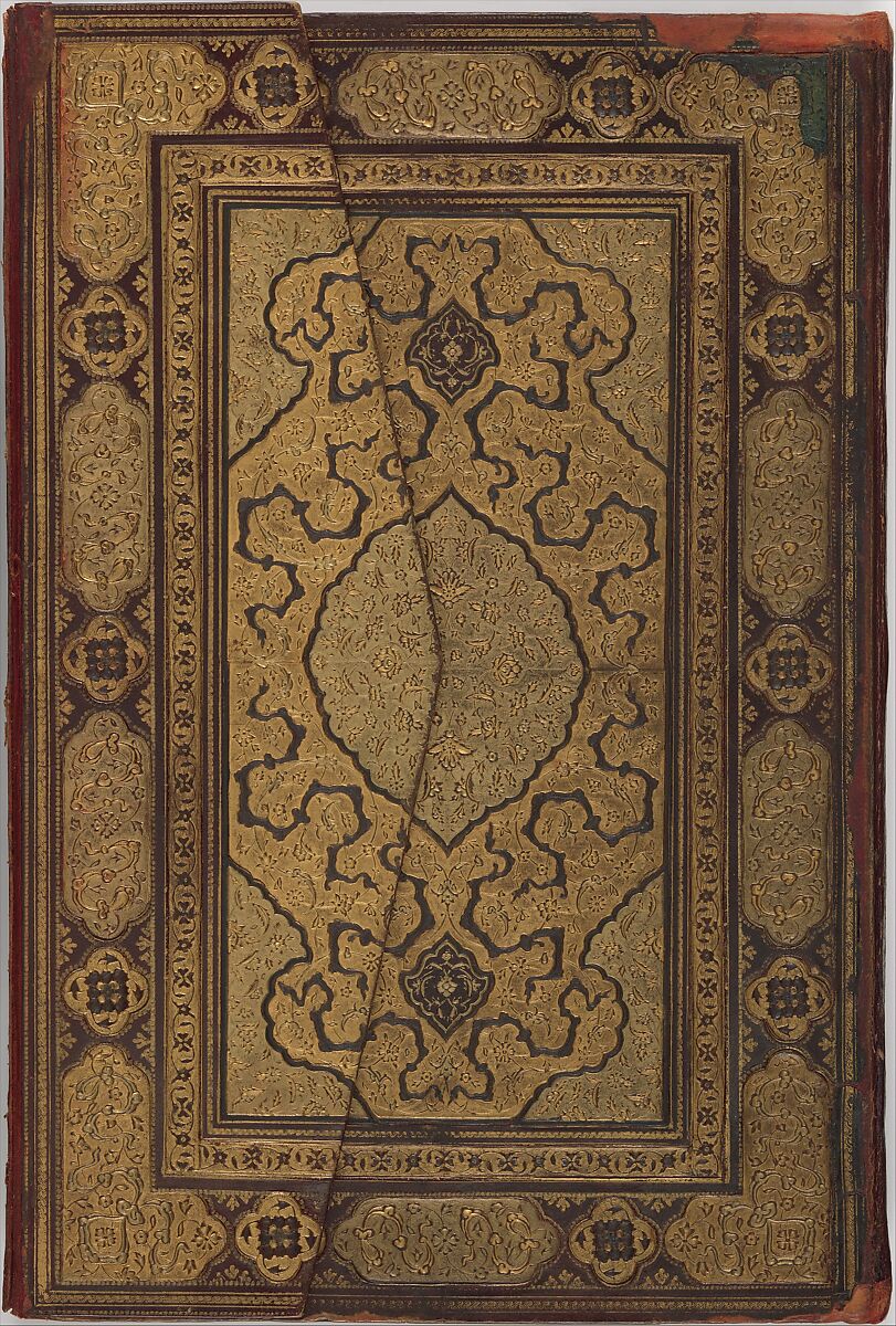 Binding and Text-Block for the Mantiq al-Tayr (Language of the Birds), Farid al-Din `Attar  Iranian, Binding: Leather, gold, and color; carved, impressed, and gilded<br/>Text-block: Ink, opaque watercolor, silver, and gold on paper