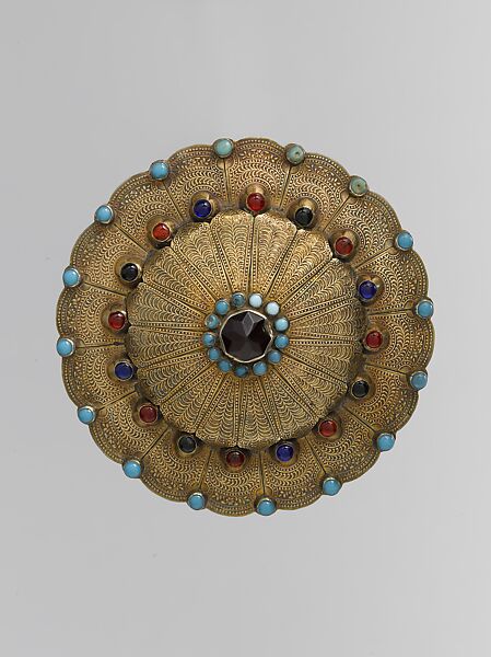 Collar Stud, Silver, with parcel-gilt stamping, embossing, glass stones, and turquoise beads