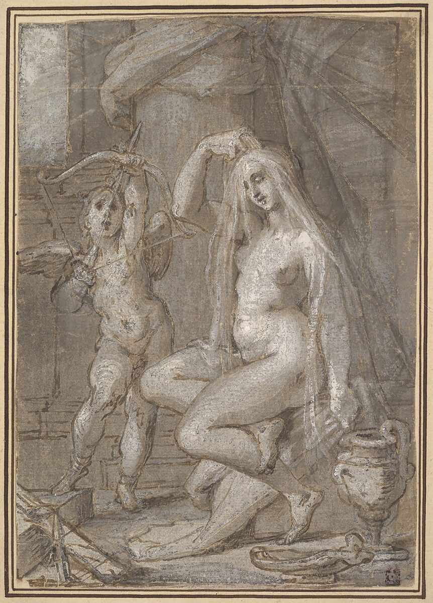 Venus and Amor, Bartholomeus Spranger (Netherlandish, Antwerp 1546–1611 Prague), Pen and brown ink, light and dark brown and gray wash, heightened with white (partially oxidized); traced for transfer. 