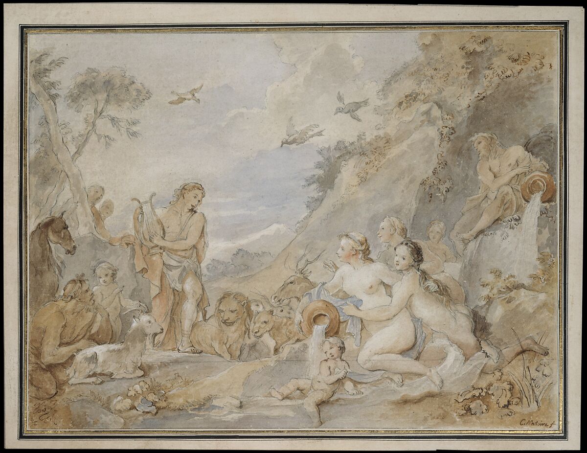 Orpheus Charming the Nymphs, Dryads, and Animals, Charles Joseph Natoire  French, Pen and brown ink, brown and gray wash, pale blue, yellow, and pink watercolor and white heightening over preliminary drawing in pencil and black chalk.