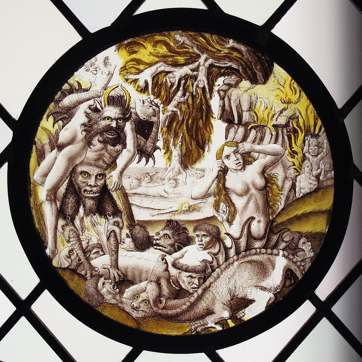 Roundel with Descent of the Damned, Dieric Bouts  Netherlandish, Colorless glass, vitreous paint and silver stain, South Netherlandish
