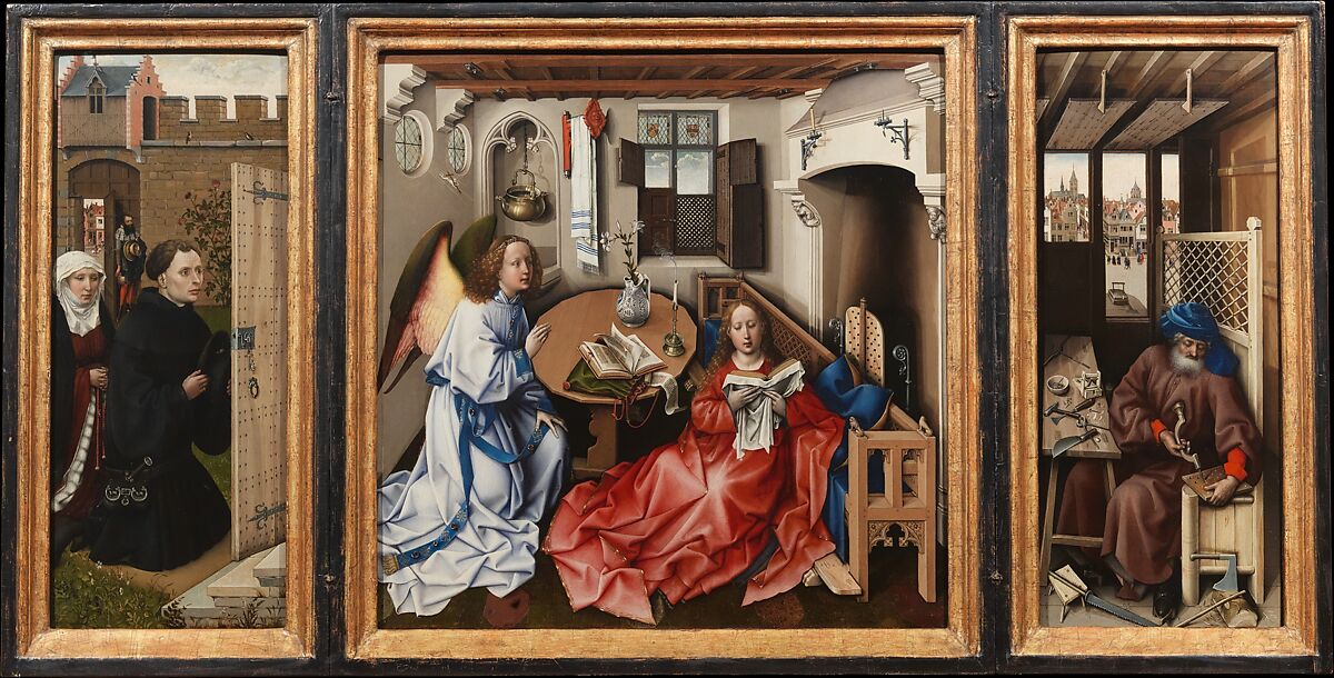 Annunciation Triptych (Merode Altarpiece), Workshop of Robert Campin (Netherlandish, ca. 1375–1444 Tournai), Oil on oak, Netherlandish 