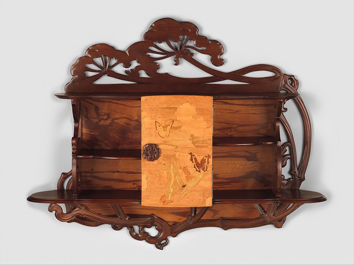 "Ombellifères" (cow parsley) Cabinet, Emile Gallé  French, Case and carved elements: Beech (stained)   <br/>Back: Plywood (veneered with Zebrano) <br/>Veneer on Door: Different types of Maple (maple-curly, tiger-maple, maple-quilted, birds eye), European Chestnut, Satinwood, Walnut