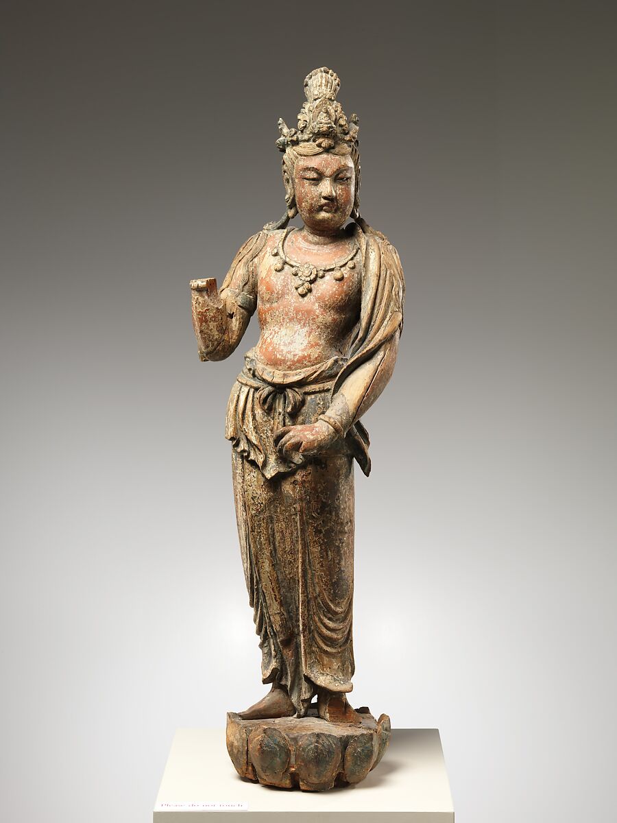 Bodhisattva Avalokiteshvara (Guanyin), Wood (wiillow) with traces of pigment; single woodblock construction, China