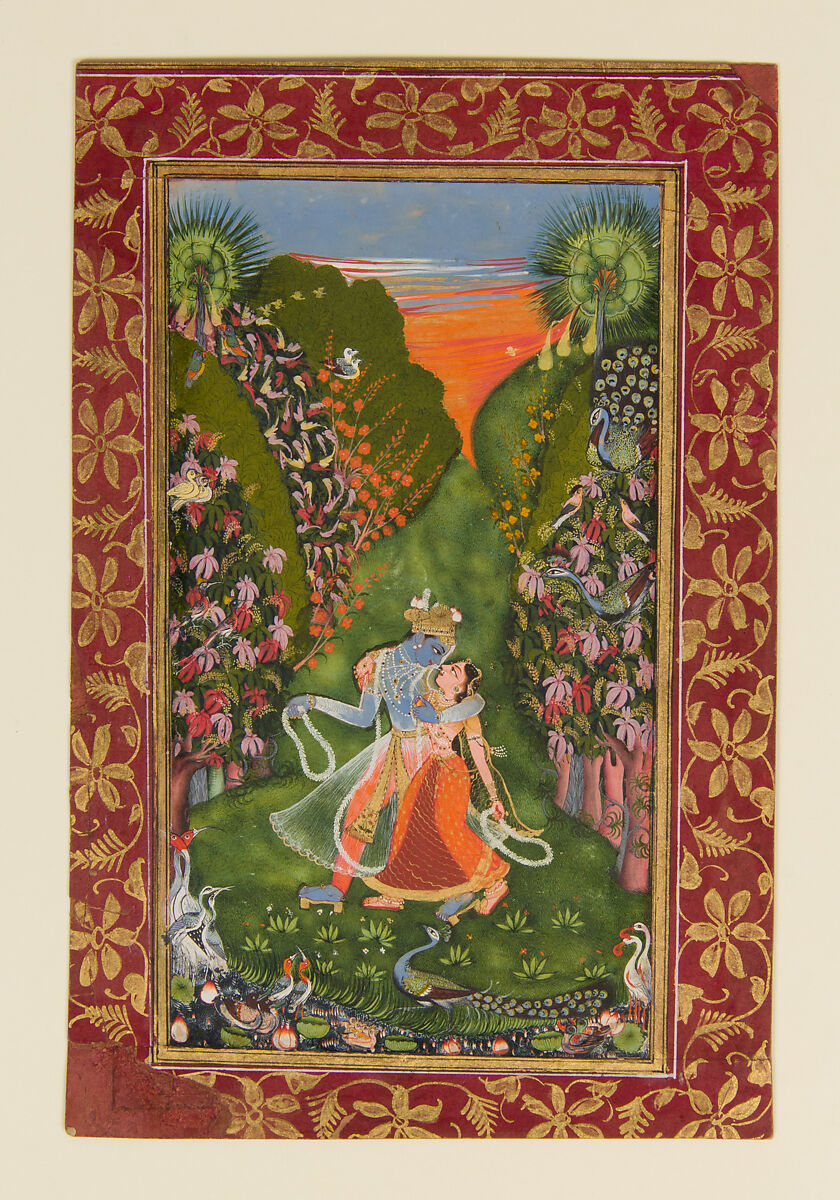 Radha and Krishna Walk in a Flowering Grove
 (recto); Krishna Fluting (verso), the Kota Master  Indian, Ink, opaque watercolor, and gold on paper, India (Rajasthan, Kota)