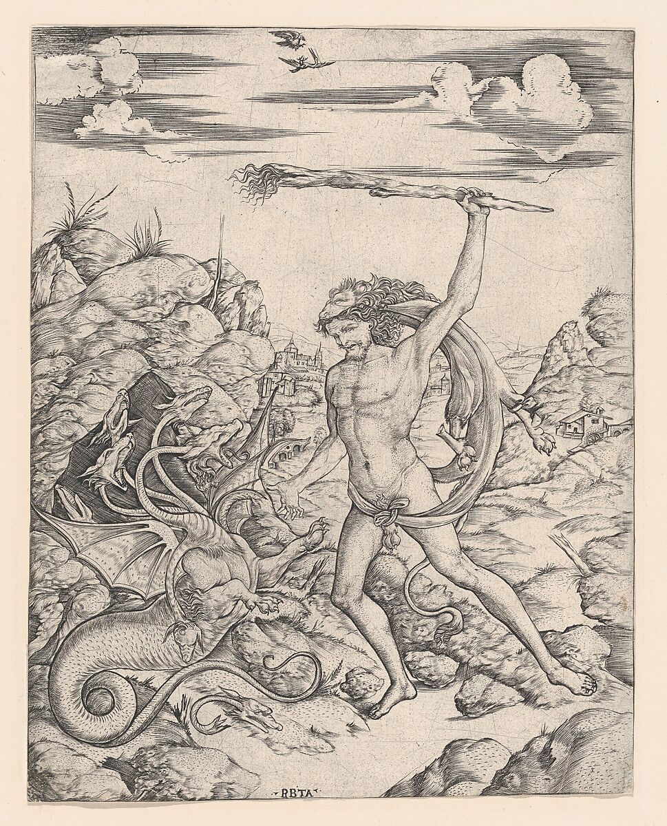 Hercules and the Hydra; wielding a torch he attacks the winged, multi-headed Hydra in rocky landscape, a hawk attacks a heron in the sky, Cristofano di Michele Martini (Il Robetta)  Italian, Engraving
